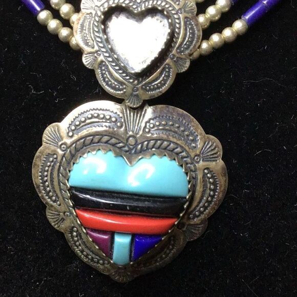 Necklace Vintage multistrand, Multicolor bead and heart sterling silver  - Picture 3 of 9